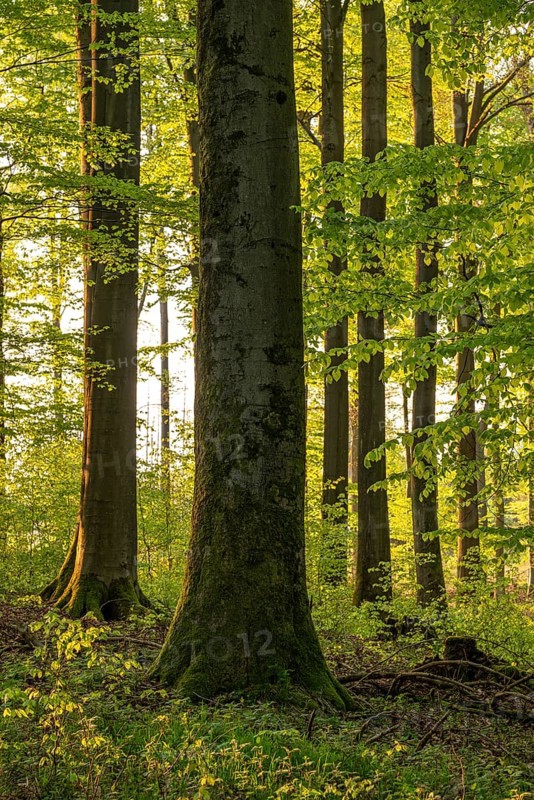 Picturesque light shines on a mighty old beech tree in an idyllic, spring-like forest with lush green foliage, Schieder-Schwalenberg, North Rhine-Westphalia, Germany