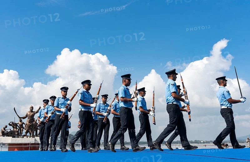 Indian Air Force personnel performs a bayonet drill demonstration on the bank of Brahmaputra river, during rehearsals ahead of the air show organised as part of the 93rd Air Force Day celebrations, on November 5, 2025 in Guwahati, India