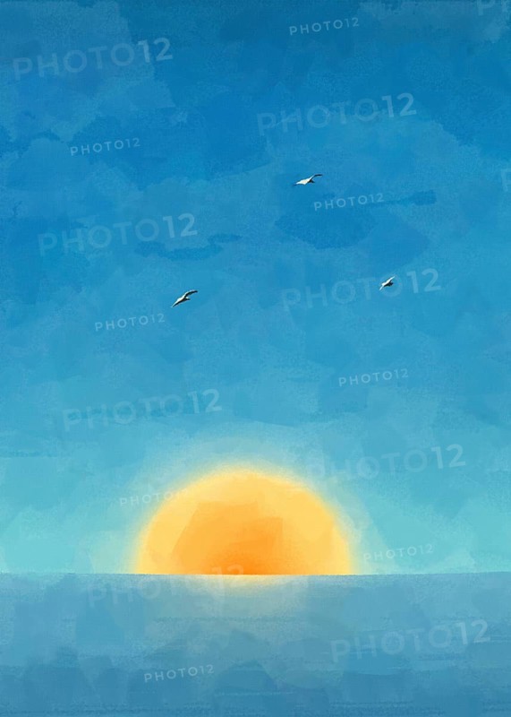 Dramatic scene of sun rising from the oceanand flying seaguls. Graphic arts postcard template, background with copy space. Canvas texture applied