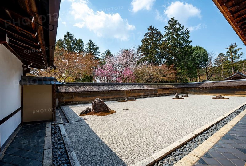 Kare-san-sui Japanese rock garden, Hojo Teien in Ryoan-ji, Zen Buddhist temple complex, in spring, Kyoto, Japan