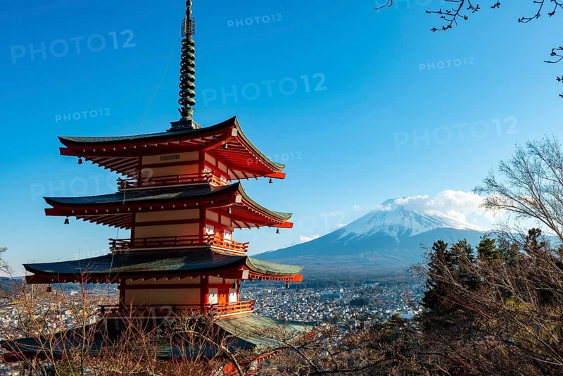Five-story pagoda of a Shinto Shrine, Chureito Pagoda, with views of Fujiyoshida City and Mount Fuji Volcano, Arakura Fuji Sengen Shrine, Arakurayama Sengen Park, Yamanashi Prefecture, Japan