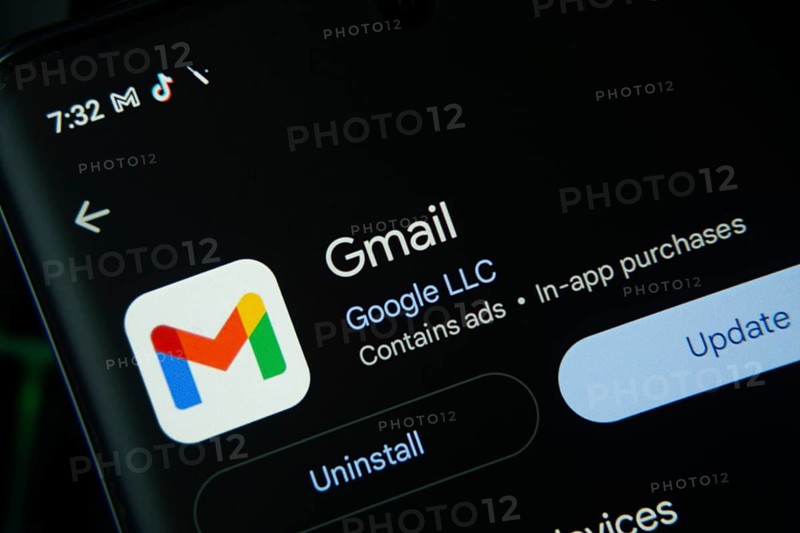 Dhaka, Bangladesh- 27 July 2025: Screen displaying Gmail app with update and uninstall options, dark interface