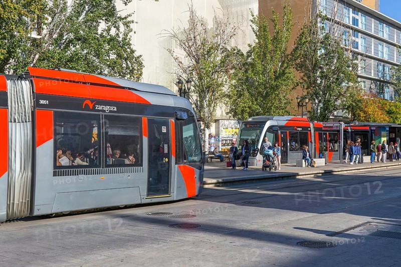 Light rail tram city public transport system CAF Urbos 3 trams, Tranvía de Zaragoza, Zaragoza, Aragon Spain