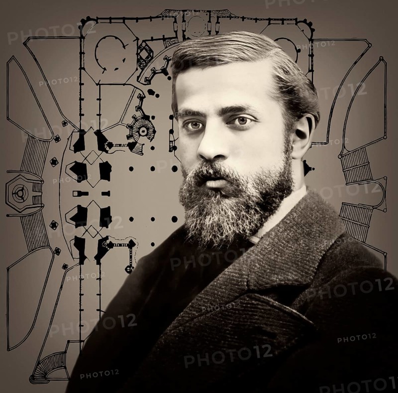 Portrait of Antoni Gaudí i Cornet, 1852 – 1926, Catalan architect and designer from Spain, the greatest exponent of Catalan Modernisme, Floor plan of the Basílica i Temple Expiatori de la Sagrada Família, known as Sagrada Família, Barcelona, Catalonia, Spain, digitally optimized
