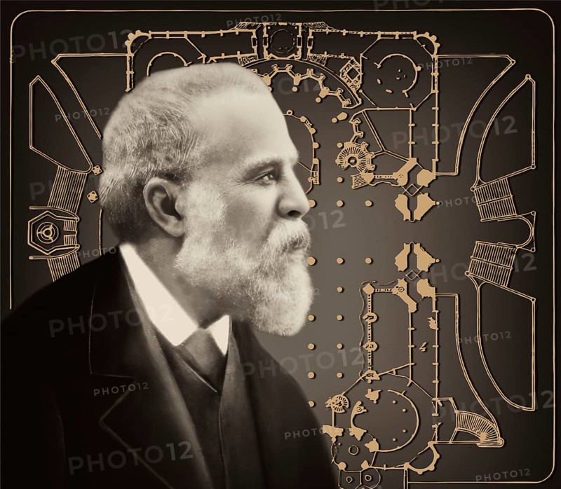 Portrait of Antoni Gaudí i Cornet, 1852 – 1926, Catalan architect and designer from Spain, the greatest exponent of Catalan Modernisme, Floor plan of the Basílica i Temple Expiatori de la Sagrada Família, known as Sagrada Família, Barcelona, Catalonia, Spain, digitally edited