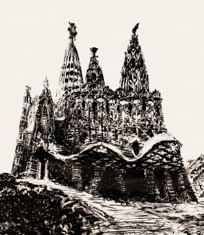 Architectural study of the Church of Colònia Güell, Cripta de la Colònia Güell, Santa Coloma de Cervelló near Barcelona, Catalonia, Spain, digitally optimized based on an unfinished work by Antoni Gaudí, Catalan architect and designer from Spain, the greatest exponent of Catalan Modernisme, digitally optimized