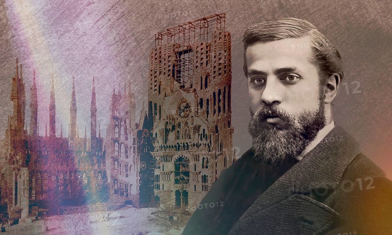 Portrait of Antoni Gaudí i Cornet, 1852 – 1926, Catalan architect and designer from Spain, the greatest exponent of Catalan Modernisme, Construction site of the Basílica i Temple Expiatori de la Sagrada Família, known as Sagrada Família, 1908, Barcelona, Catalonia, Spain, digitally edited