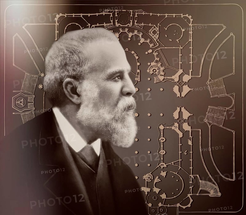 Portrait of Antoni Gaudí i Cornet, 1852 – 1926, Catalan architect and designer from Spain, the greatest exponent of Catalan Modernisme, Floor plan of the Basílica i Temple Expiatori de la Sagrada Família, known as Sagrada Família, Barcelona, Catalonia, Spain, digitally edited