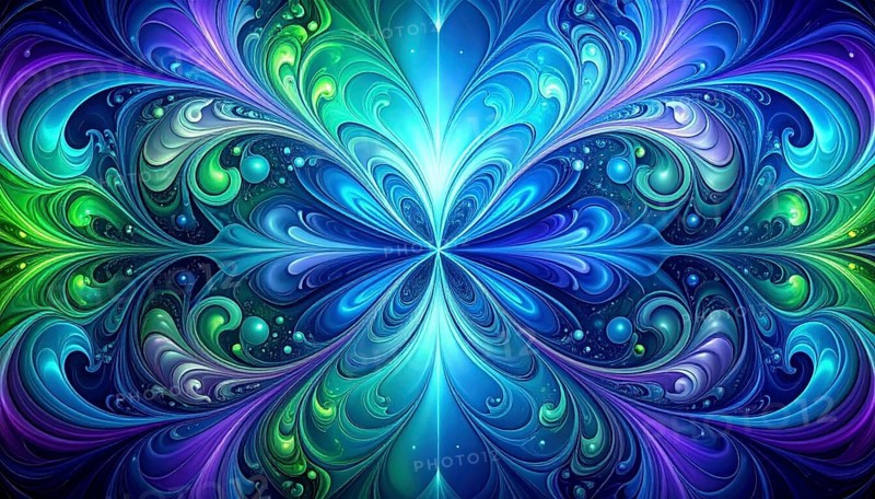 Symmetric Abstract Bright Liquid Ornament Background, futuristic wallpaper template illustration, vibrant blue and green neon hues, AI generated