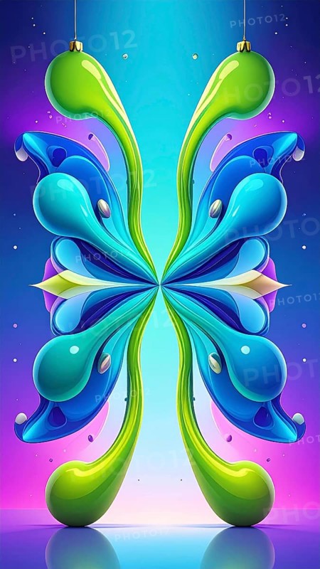 Symmetric Abstract Bright Liquid Ornament Background, futuristic wallpaper template illustration, vibrant blue and green neon hues, AI generated