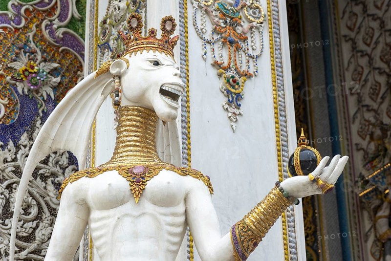 Decorative elements with pop culture references (for example comics, superheroes) in the stucco and porcelain vases outside and inside the art hall with modern art trends such as minimalism and abstraction, Wat Pariwat, Yan Nawa district, Bangkok, Thailand
