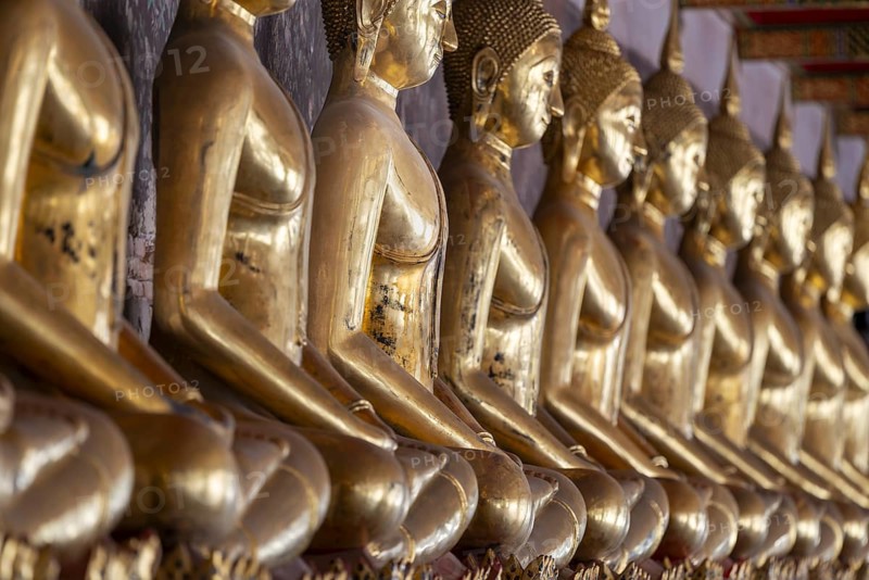 Gilded Buddha statues (Bhumispara mudra: Buddha Gautama at the moment of enlightenment), Wat Suthat Thepwararam, Royal Temple, Phra Nakhon, Bangkok, Thailand