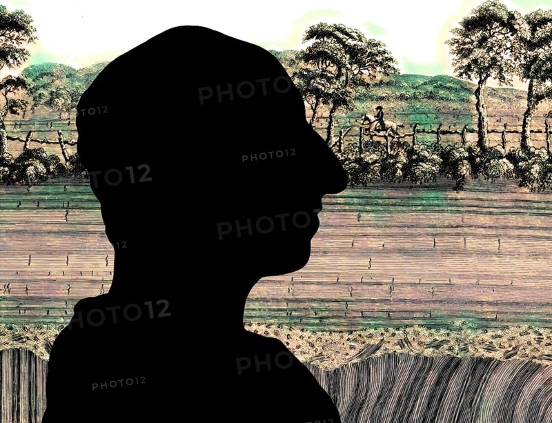 Silhouette of James Hutton, 1726 – 1797, Scottish geologist, agriculturalist, naturalist and physician, the Father of Modern Geology, in the background The Unconformity at Jedburgh, Scotland, illustration by John Clerk of Eldin from the publication Theory of the Earth, digitally edited