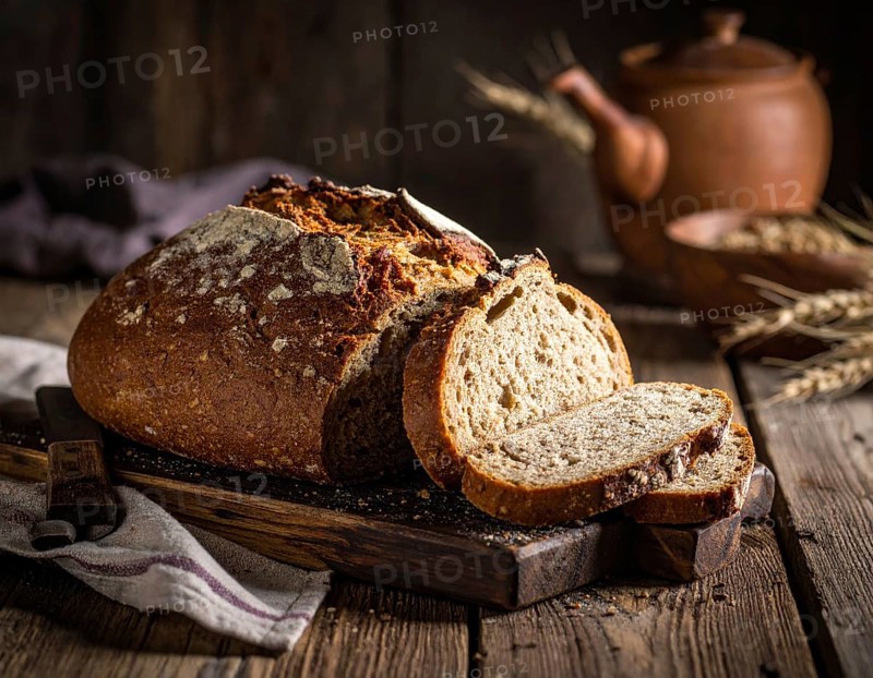 Rustic loaf of whole grain bread, fresh baked, close up of bread on dark wooden table, golden rust, soft lighting with blurred background, symbol for bakery and agriculture, healthy eating background, AI generated