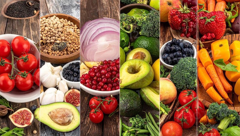Food collage of various biological and organic fruits and vegetables, fresh healthy lifestyle, with a variety of vitamins, citrus fruits, green and red organic vegetables, kiwi, bananas, apple, avocados, tomatoes and green salad, symbolic background illustration for banner, template or wallpaper, AI generated