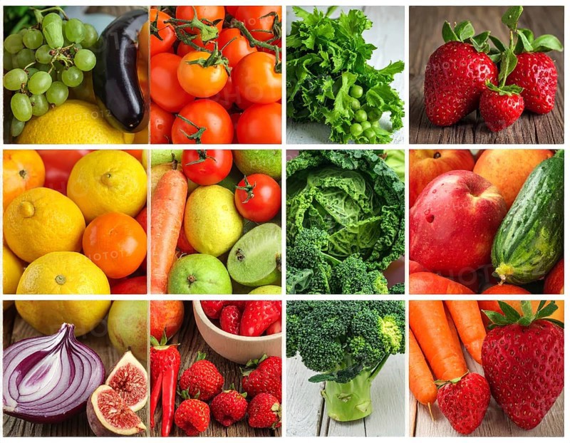 Food collage of various biological and organic fruits and vegetables, fresh healthy lifestyle, with a variety of vitamins, citrus fruits, green and red organic vegetables, kiwi, bananas, apple, avocados, tomatoes and green salad, symbolic background illustration for banner, template or wallpaper, AI generated