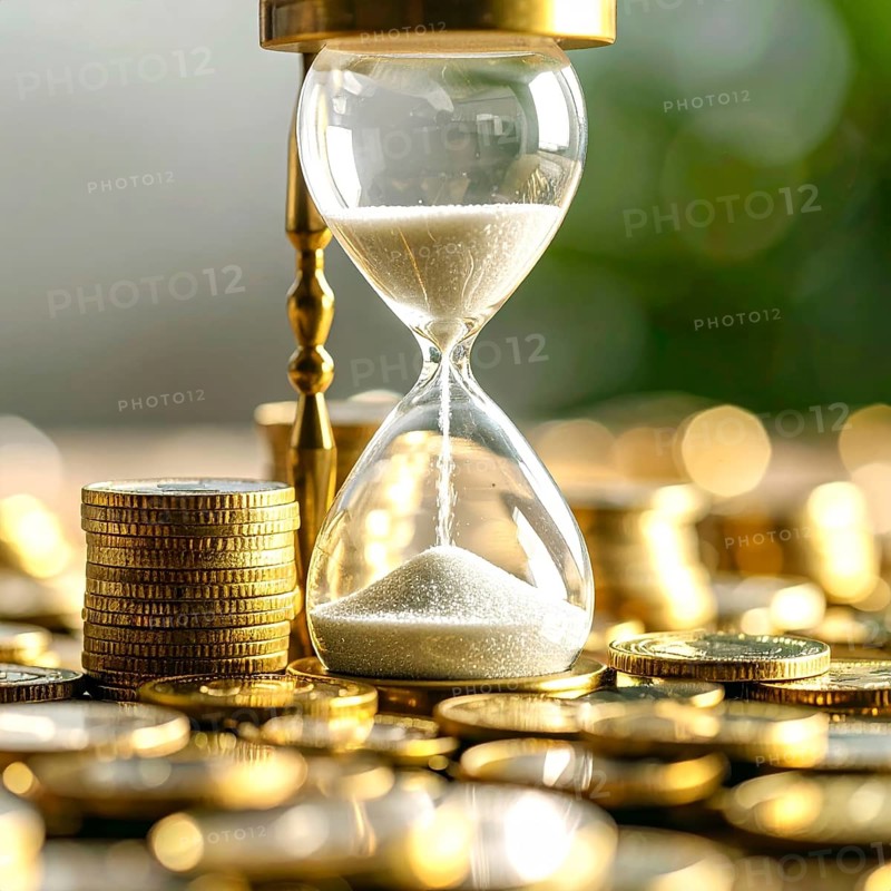 Hourglass and stacked golden coins, illustrating currency fluctuation and time impact commodities value, symbolizing fluctuating finance market changes, business setting, glass with sand on wooden table in the office, blurred background, wallpaper illustration, AI generated