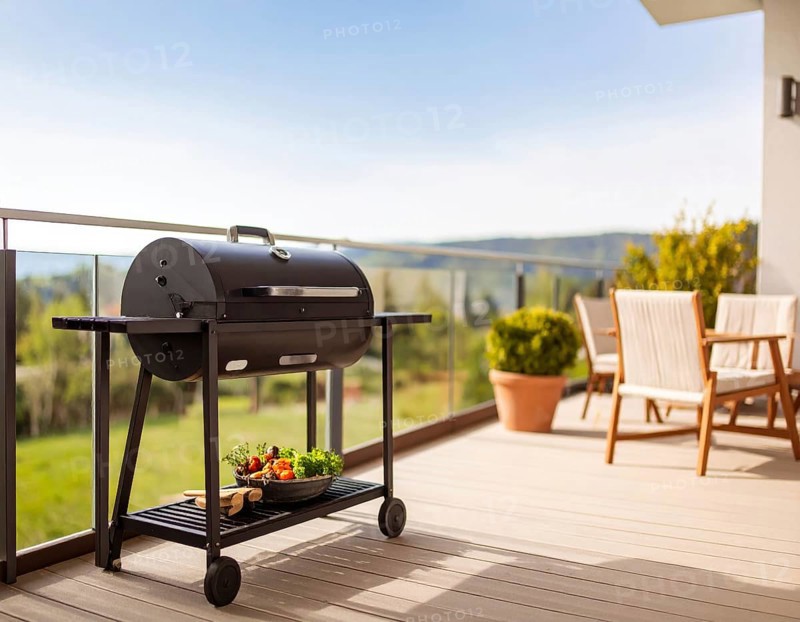 Cooking vegetables on grill on the balcony, healthy lifestyle, vegetarian barbeque, leisure time in summer, suburban setting with blurred background, soft golden light of evening, blue sky, AI generated