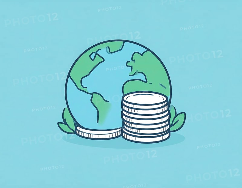 Green earth globe with silver coin stack symbolizing global finance economy and sustainable growth, abstract geometric vector illustration, wallpaper template background, AI generated