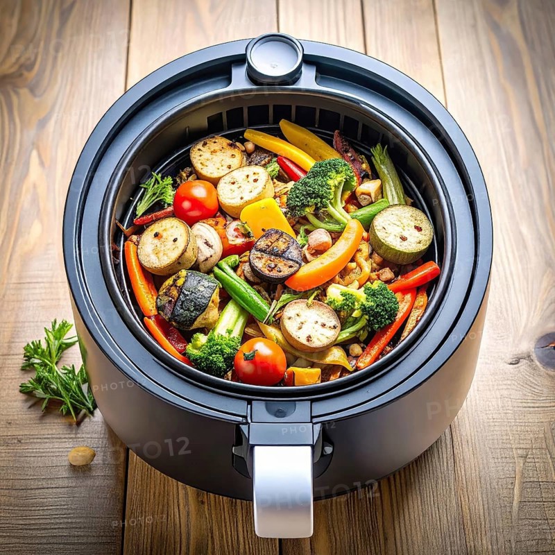 Air fryer with grilled vegetables, wooden table in the kitchen, healthy eating, healthy vegetarian lifestyle with fruits and vegetables, close up with blurred background, soft light, AI generated