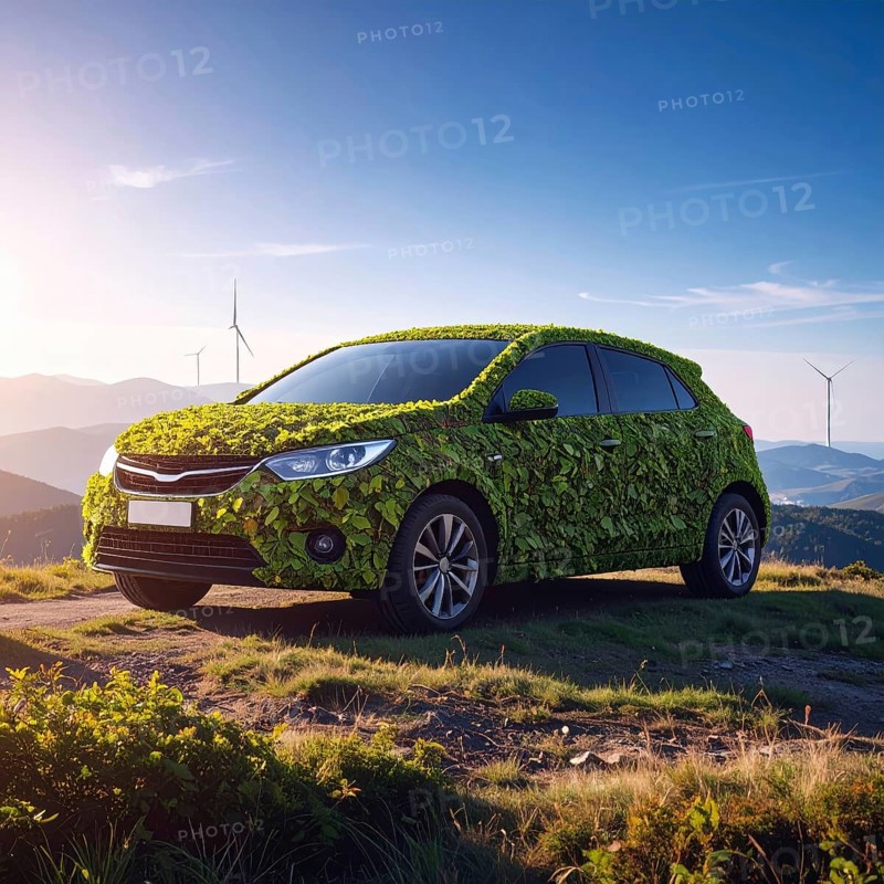 Car formed by green leaves and branches. Sustainable Car technology, ecology concept in harmony with nature, abstract wallpaper illustration, AI generated
