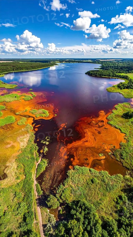 Red algae plant on the lake. abstract ecology nature concept, wild landscape with vibrant red colored water and green forest on a sunny day in summer, Aerial view, wilderness nature with no people around, AI generated