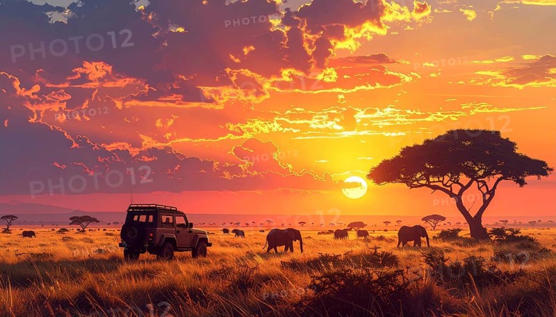 African savannah sunrise with a jeep safari and elephants, AI generated