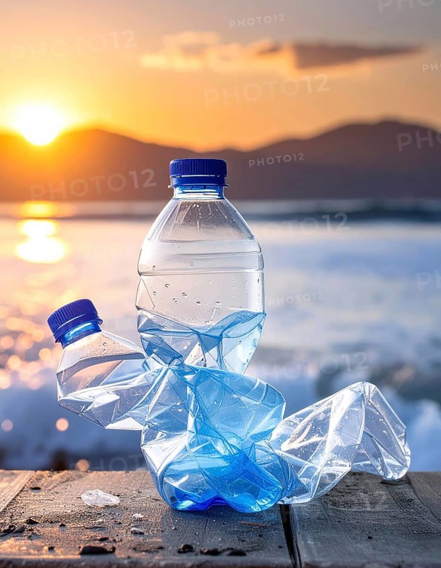 Crushed plastic water bottle waste in a wild landscape, symbol for nature protection, waste avoidance, recycling and ecology concepts on earth environment, AI generated