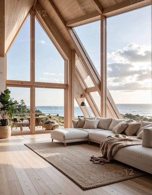 Peaceful A-frame cabin interior with ocean views, real estate lifestyle and travel destination, Comfortable minimalist sanctuary embraced by natural beauty and stunning coastal scenery, clear blue sky, AI generated