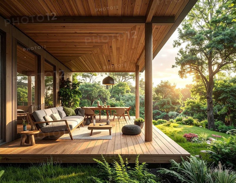 An eco-friendly porch designed for sustainable living in an environmentally-conscious home, lush greenery, landscape bathed in warm sunlight, AI generated