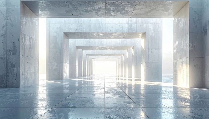 3d illustration of abstract modern architecture background, Minimal geometry architectural design, futuristic car presentation backdrop with empty concrete floor and clear simple lines, white and grey color tones, AI generated