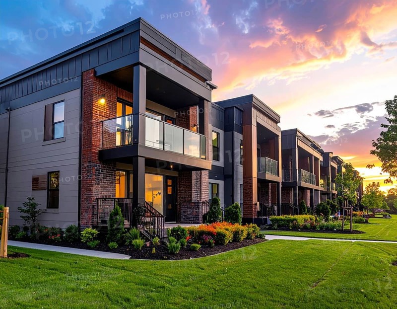 Modern apartment building with balconies and well-kept landscaping at sunset, Modern multifamily housing property with brick, siding facade features balconies, manicured lawns. Contemporary residential buildings offer urban living spaces, condominium options in scenic town, blue sky with a colorful sunrise, AI gererated, AI generated