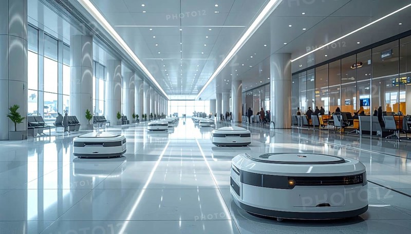 Autonomous cleaning roboter at modern airport terminal, showcasing advanced technology, daylight in the hall, the future of autonomous cleaning industry, AI generated