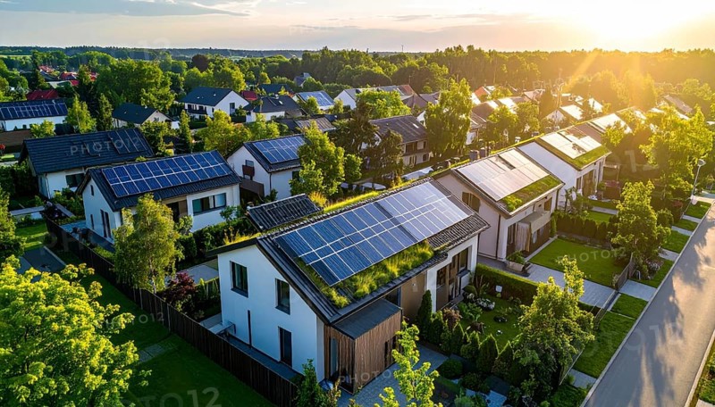 Aerial view showcases modern houses with solar panels and green roofs in a suburban setting, vibrant sunrise with blue sky, AI generated