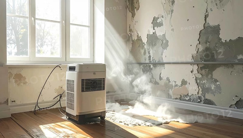 A specialized dehumidifier operates in a mold-infested room following water damage, Shell construction at construction site, AI generated