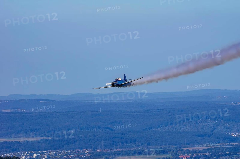 A Pilatus P-2 from Pilatus Flugzeugwerke AG with registration D-ETHN during a flight demonstration as part of an air show on Rossfeld in Metzingen-Glems, Baden-Württemberg, Germany, for editorial use only