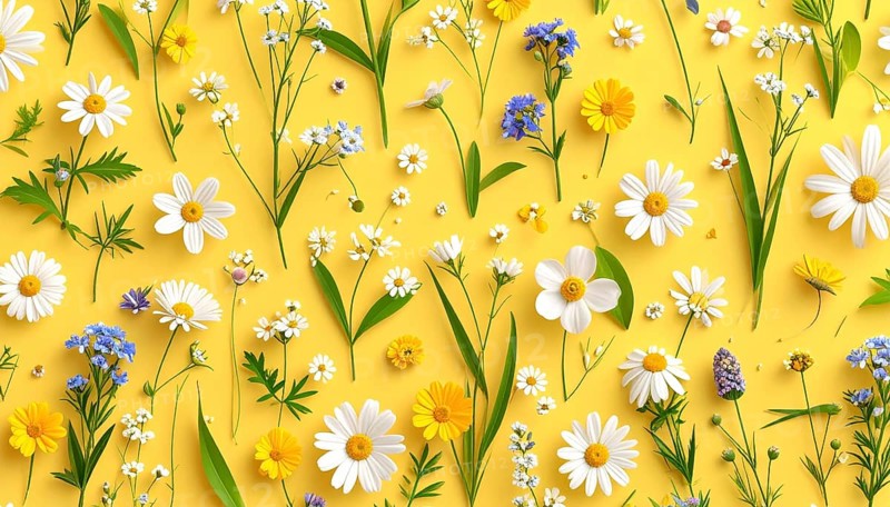 Vibrant wildflowers and grass create a colorful and joyful floral pattern, Variety of wild flowers, spring plant and grass seamless pattern, vibrant realistic vector illustration wallpaper, a spring natural colorful background as template or poster, AI generated