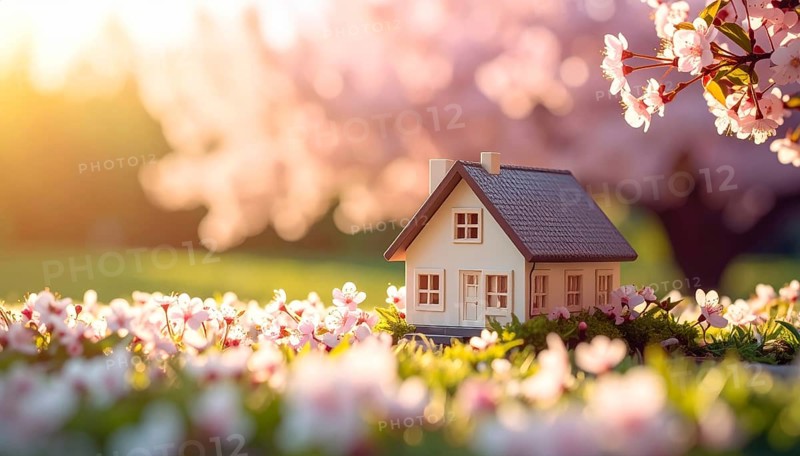 A miniature house surrounded by blooming cherry blossoms and warm sunlight, creating a peaceful and idyllic spring atmosphere, toy house on blossom cherry flowers, spring natural background. concept of mortgage, construction, rental, family and property, AI generated