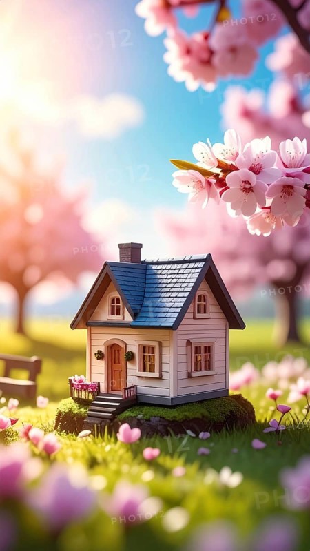 A miniature house surrounded by blooming cherry blossoms and warm sunlight, creating a peaceful and idyllic spring atmosphere, toy house on blossom cherry flowers, spring natural background. concept of mortgage, construction, rental, family and property, AI generated