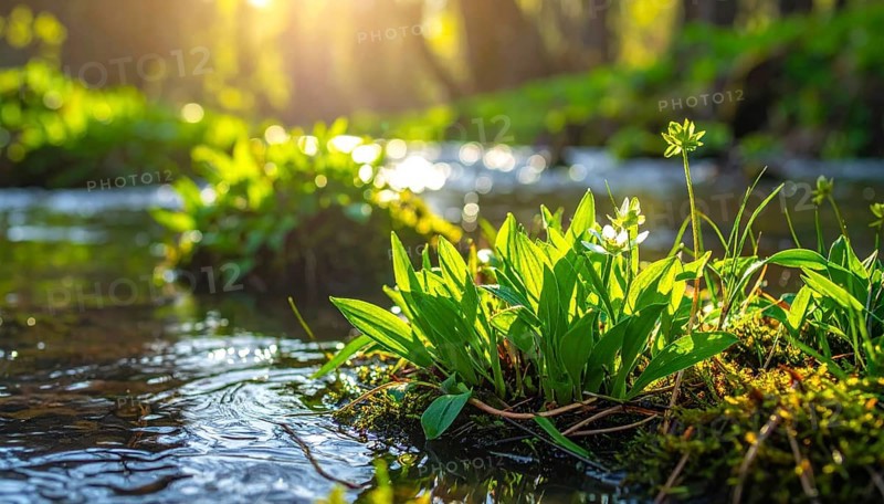 Beautiful spring detailed stream of fresh water, vibrant blooming young green plants, wallpaper banner for springtime and summer nature concept, AI generated