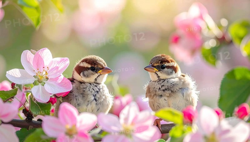 Small funny Sparrow Chicks sit in the garden surrounded by pink Apple blossoms on a Sunny may day, AI generated