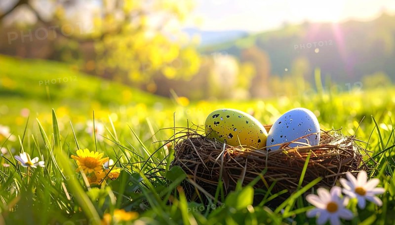 Nest with easter eggs in a basket on grass, sunny spring day, fresh beautiful landscape at daylight, soft focus for calm scenery, festive Easter decoration, wallpaper illustration banner, panorama, background, AI generated