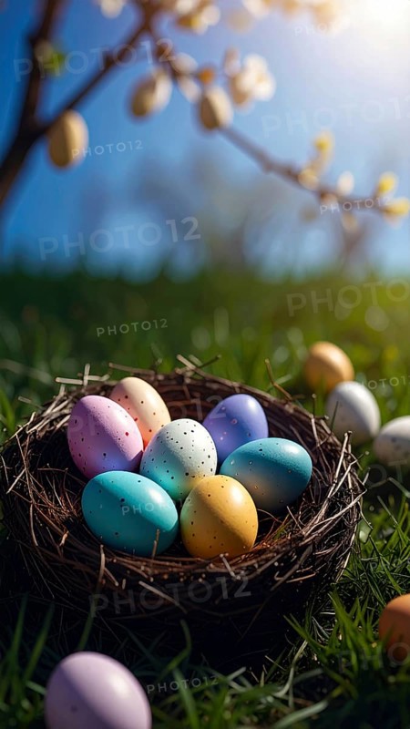 Nest with easter eggs in a basket on grass, sunny spring day, fresh beautiful landscape at daylight, soft focus for calm scenery, festive Easter decoration, wallpaper illustration banner, panorama, background, AI generated