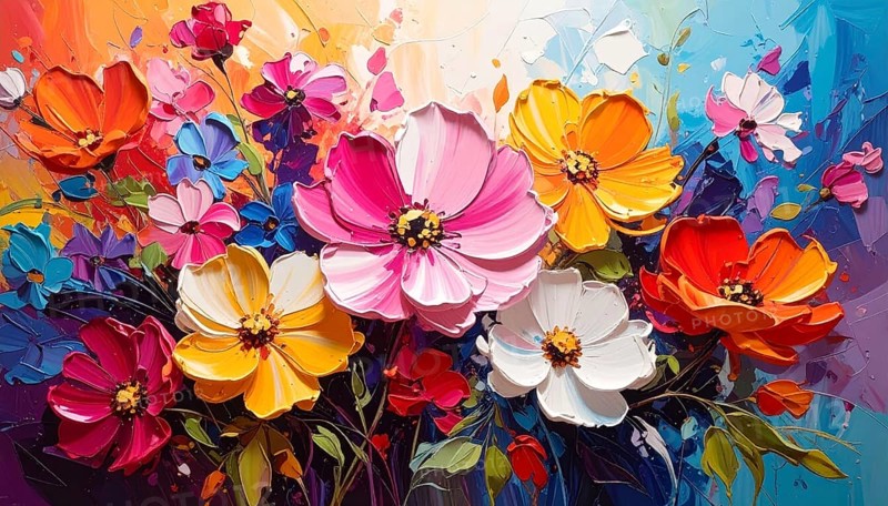 Closeup of abstract rough colorful multicolored organic floral spring flowers art painting texture, with oil acrylic brushstroke, pallet knife paint on canvas wallpaper, AI generated