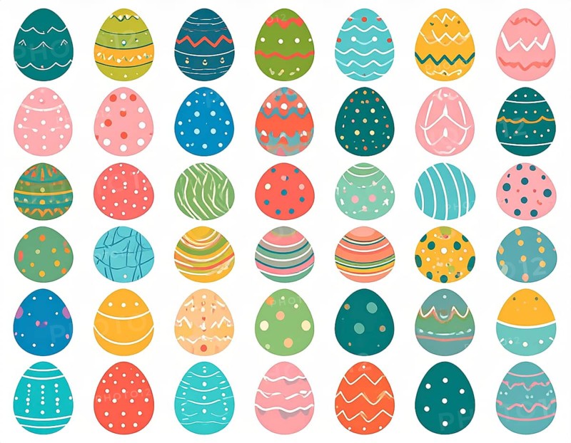 Set of easter eggs flat design on white background, abstract vector wallpaper illustration, banner for springtime, AI generated