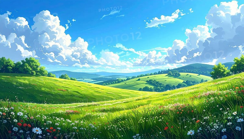Fresh summer hilly Landscape with blooming Meadow, green plants, Blue Sky with cloudy sky, serene nature background, abstract vector illustration, AI generated