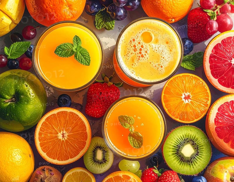 Fresh fruit juices in glasses, surrounded by colorful fruits, showcasing healthy drinking and eating, fitness and wellness lifestyle, AI generated