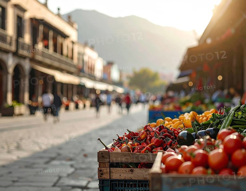 Traditional Mexican plaza with crates of peppers, onions, and tomatoes, economic prosperity in local trade, travel destination in America, AI generated