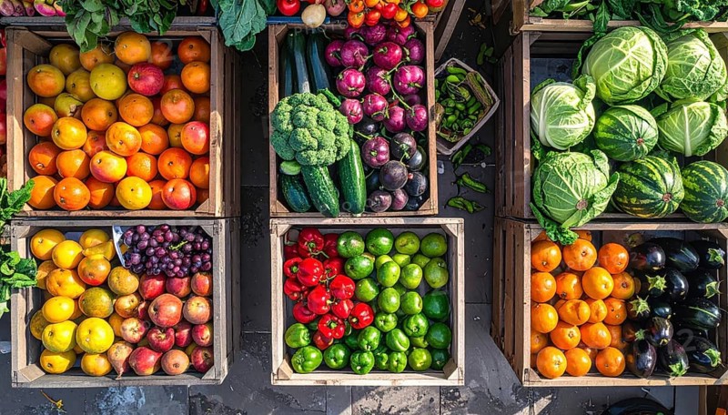 Fresh fruits and vegetables in a market display, aerial view perpendicular top down, healthy eating and lifestyle, AI generated