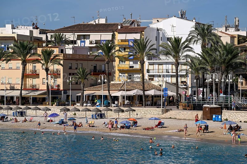 View of the beach and old town of Jávea or Xàbia, Alicante Province, Comunidad Valenciana, Spain